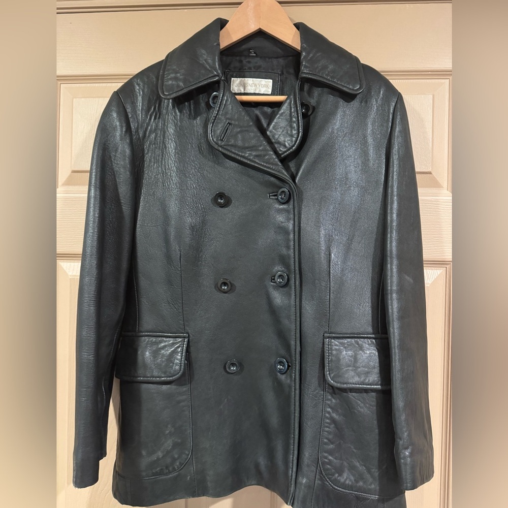 Jones New York Dark Leather Double-Breasted Jacket